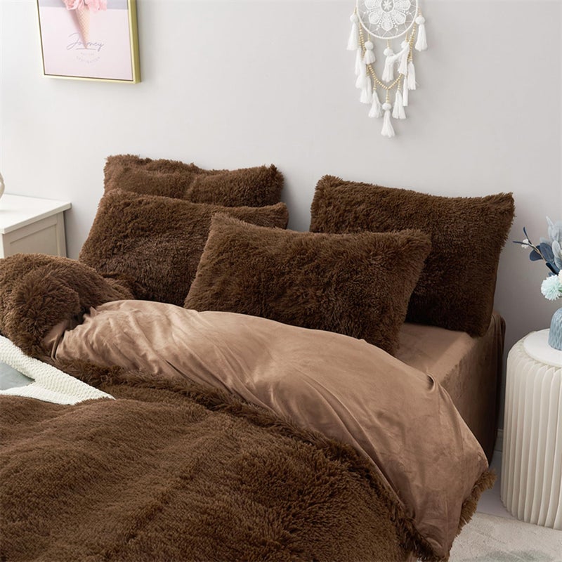 MorroMorn 5 PCS Shaggy Duvet Cover Bedding Set - Fluffy Comforter Cover Long Faux Fur Luxury Ultra Soft Cozy (Brown, King/California King) - Image 5
